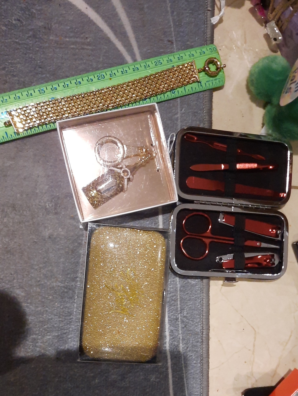 Huge Bismark 14K Gold Bracelet LORD & TAYLOR Nail Kit, Gold Blinged Out Keyfob